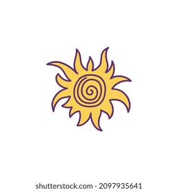 Dibujo de dibujos animados de Sun o icono con rayos de luz divergentes, ilustración vectorial dibujada a mano aislada en fondo blanco. Sol brillante y brillante y símbolo solar.