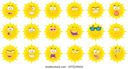 Sun Cartoon Emoji Face Character. Vector Flat Design Collection Set Isolated On White Background