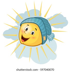 The sun in a cartoon hat, spring has come, autumn, summer. vector illustration