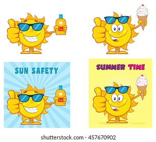  Sun Cartoon Mascot Character 3. Set Vector Collection Isolated On White Background
