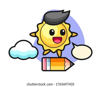Sun cartoon riding on a giant pencil
