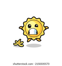 sun cartoon is slip on a banana peel , cute design