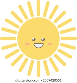 Sun cartoon with smiling face, pink cheeks, and radiating yellow rays. 