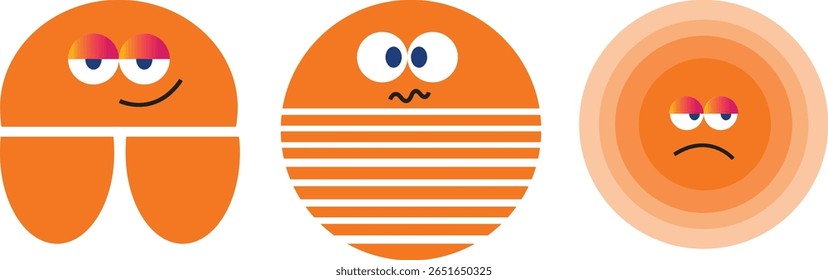 Sun Cartoon Vektor orangefarbenes Lächeln Symbolsatz Zeichen