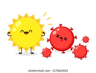 Sun cartoon vector. Summer sun light kill and reduce infection rate of Coronavirus COVID-19 outbreak crisis concept, Hot sun shinning and burn to melt COVID-19 Coronavirus.