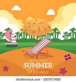 Sun chair on the beach with palms, yacht and sky on background, enjoy summer holidays banner, flat cartoon vector illustration. Summer holiday banner with beach, lounge chair, yacht and sea