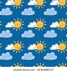 Sun character among clouds, seamless pattern in doodle style, hand-drawn illustration, perfect for children’s joyful projects, concepts of morning, time of day, weather, summer, vacation and good mood