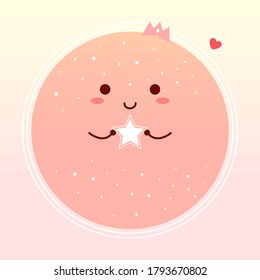 Sun character card. Cute style sun character. Cartoon sun. White star icon.