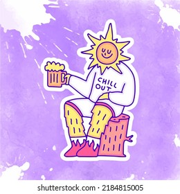 Sun character chill out with glass of beer, illustration for t-shirt, sticker, or apparel merchandise. With modern pop and retro style.