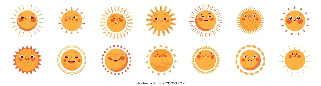 Sun character in cute style, face with a sticker. Sunshine with a smile for kids, doodled in a happy and fun way. Flat vector illustrations isolated in background.