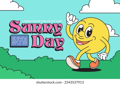 Sun Character Enjoying a Beautiful Sunny Day Surrounded by Lush Greenery and Playful Clouds in a Colorful Background Cartoon Illustration Perfect for Landing Page Website and Banner