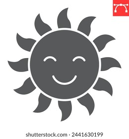 Sun character glyph icon, summer and weather, happy sun vector icon, vector graphics, editable stroke solid sign, eps 10.