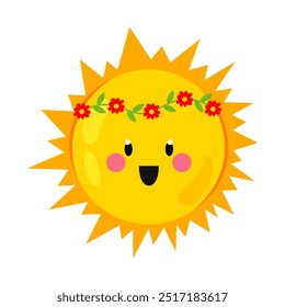 Sun character hand drawn vector. Good morning sunshine. Smiling sunshine in a floral wreath. Kids character cute sunshine.