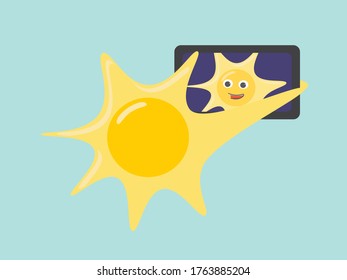 Sun character holding a smartphone taking a selfie