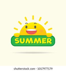 Sun character on the summer tag heading design for banner or poster. Vector illustration.