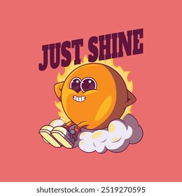 A Sun character is relaxing sitting on a cloud vector illustration. Motivation, inspiration design concept.