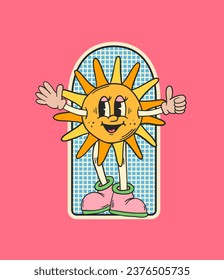 Sun character. Retro cartoon character. Sun sticker. Hippie patch badge. Vintage animation art. Groovy doodle. Vintage cartoon. 60s and 70s nostalgia.