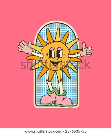 Sun character. Retro cartoon character. Sun sticker. Hippie patch badge. Vintage animation art. Groovy doodle. Vintage cartoon. 60s and 70s nostalgia.