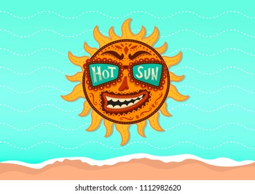 Sun character with sea background vector. Summer sun with glasses.