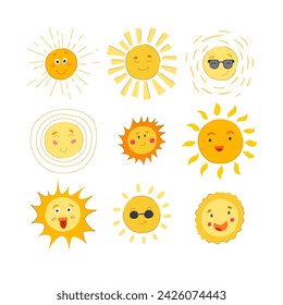 sun character set cartoon. face vintage, fun, happy emoji sun character sign. isolated symbol vector illustration