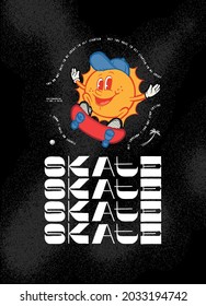 Sun character skateboarding. Skate modern street fashion typography t-shirt print vector illustration.