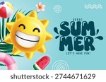 Sun Character Summer clipart design. Hello Summer greeting text clip art with happy smiling Sun Emoji character and colorful tropical elements for seasonal summer poster banner design vector illustration.
