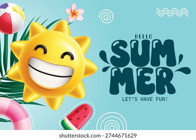 Sun Character Summer clipart design. Hello Summer greeting text clip art with happy smiling Sun Emoji character and colorful tropical elements for seasonal summer poster banner design vector illustration.
