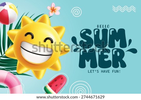 Sun Character Summer clipart design. Hello Summer greeting text clip art with happy smiling Sun Emoji character and colorful tropical elements for seasonal summer poster banner design vector illustration.
