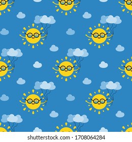 Sun character in sunglasses, smiling, holding a bunch of cloud balloons in hand vector seamless pattern background for weather design.