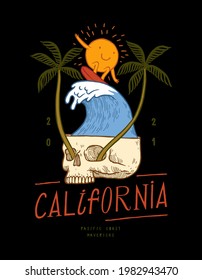 Sun character surfing wave in the skull with palm trees growing from its eyes. California surfing vintage typography t-shirt print.