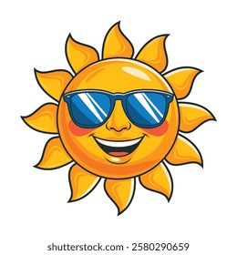 Sun character wearing sunglasses. Fun and cheerful summer mascot icon. Flat cartoon style vector illustration, perfect for seasonal designs and branding.