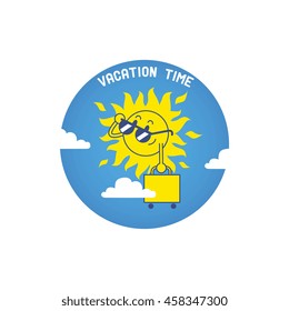 sun character wit suitcase and sunglasses. vector illustration isolated on white background.