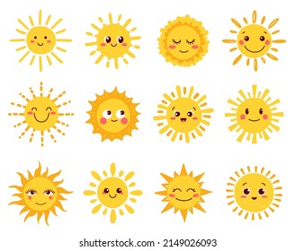 Sun characters, cartoon sunny faces and cute happy summer smiles, vector icon. Sun characters or sunshine, weather, fun emoji of funny hot yellow suns with smile expression and blush shine