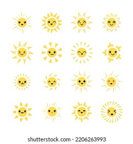 Sun characters. Cartoon suns design, emoji happy expressions, cute sunkids emotions, sunshine heads, energy faces