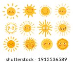 Sun characters. Cartoon sunshine emoji with funny faces. Children nursery decoration with sunny day designs. Kid happy morning vector set. Warm shining beams with smiling cheerful faces