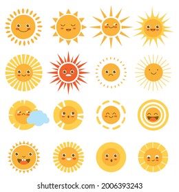 Sun characters. Cute happy summer weather icons, childish sunny emotion, funny beach smiles, sunshine baby emoji, yellow circles with different rays and faces. Print design vector cartoon set