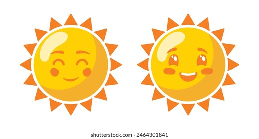 Caracteres Sun. Lindos soles. Caras sonrientes del sol. Ilustración vectorial.