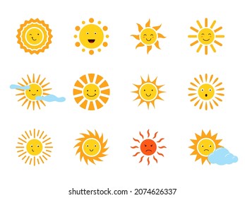 Sun characters. Different emotions cartoon cute