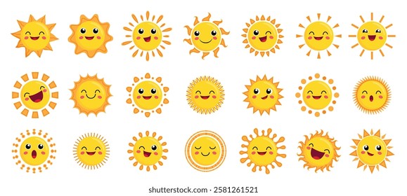 Sun characters drawing clipart set. Sun emoticon clip art yellow character in happy, cute, fun and playful facial expression collection vector illustration. 