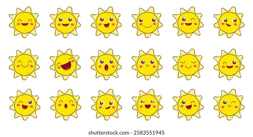 Sun characters outline clipart set. Sunshine emoticon happy face drawing clip art in yellow icon cute collection graphic elements vector illustration. 