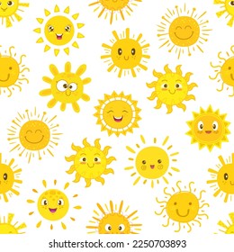 Sun characters seamless pattern. Cartoon cheerful sun personages with smiling, laughing faces, hand drawn rays or beams. Textile or fabric summer print, vector background or wallpaper