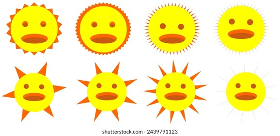Sun characters.comic suns funny faces. Isolated flat cartoon yellow summer symbols. Doodle hot weather, abstract seasonal decent vector.