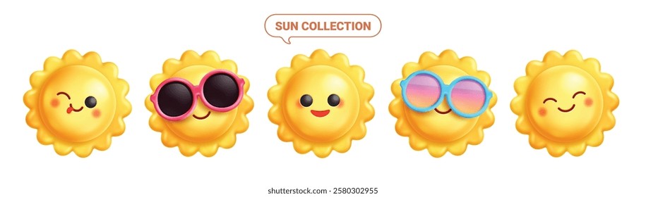 Sun cheerful face clipart set. Yellow sun emoticon clip art with happy and playful facial expressions collection summer emoji vector illustration.
