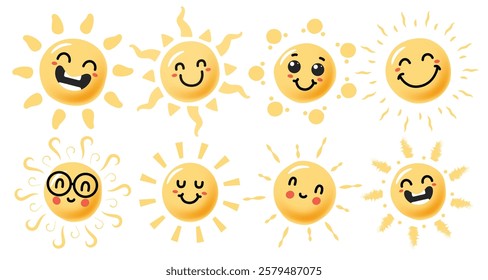 Sun cheerful faces drawing clipart set. Yellow sun characters in happy and cute face emoticons vector illustrations hand drawn clipart.
