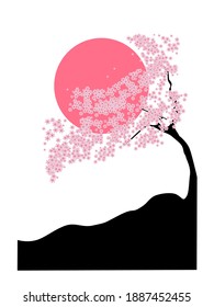 Sun and cherry tree view.Pink sakura illustration background.