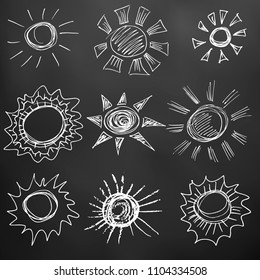 Sun. Children's drawings. Elements for the design of postcards, backgrounds, packaging. Printing for clothing. Drawing chalk on a black board