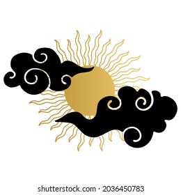 The sun with chinese clouds. Wicca, alchemy, mystical, magic, celestial, esoteric, sacred, spiritual, occultism inspired concept. Hand drawn vector