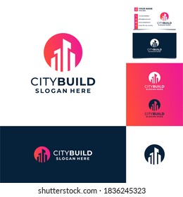 Sun, circle with building logo design, city, real estate, architecture with business card template