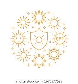 Sun circle concept with flat line icons. Sunshine, sunny weather round poster, summer heat, skin care sunblock vector illustrations. Outline signs for uv protection brochure.