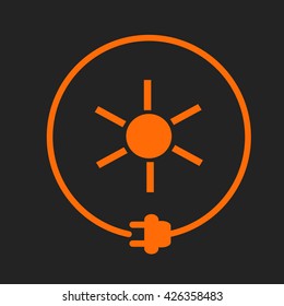 Sun in a circle with plug as symbol of eco-friendly energy source. Orange sign on black background